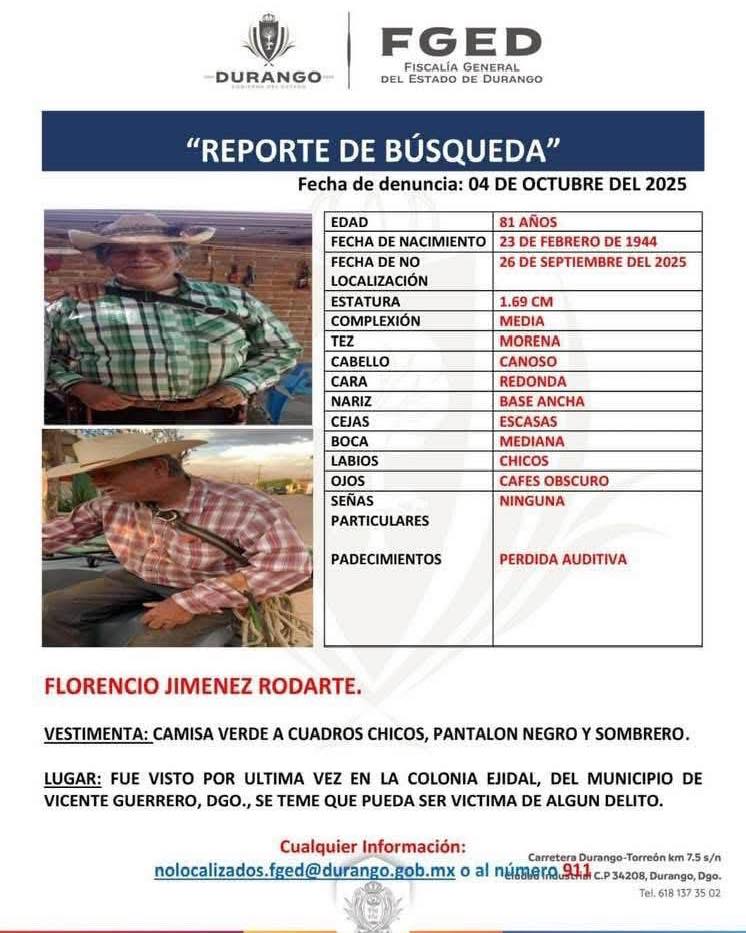 Don Florencio desaparece y su cuerpo es localizado nueve días después en el río Súchil