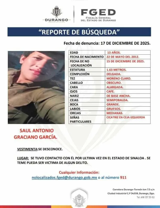 Saul, un niño duranguense desaparecido en Sinaloa; su madre dice que esta en las fosas de El Verde